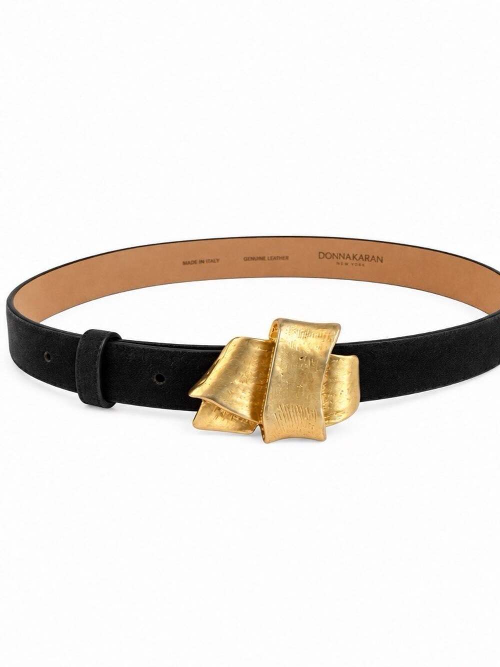 Donna Karan Vintage Black Leather Waist Belt Gold Oversized Buckle Size Medium
